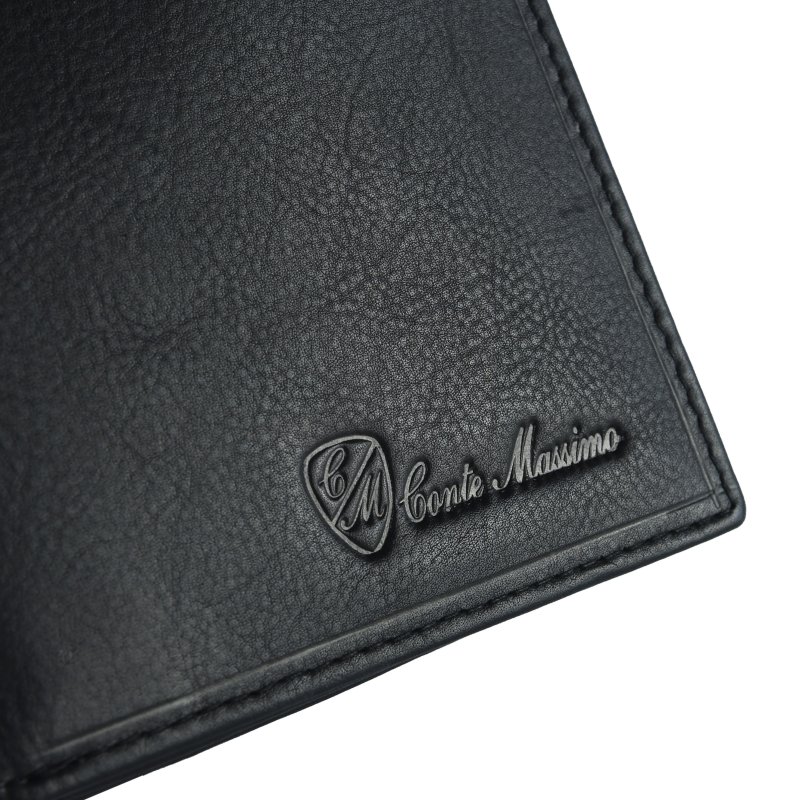 CONTE MASSIMO, Portefeuille Homme Vertical Grand Format à Soufflet, Cuir Véritable, Boîte Cadeau — détail logo