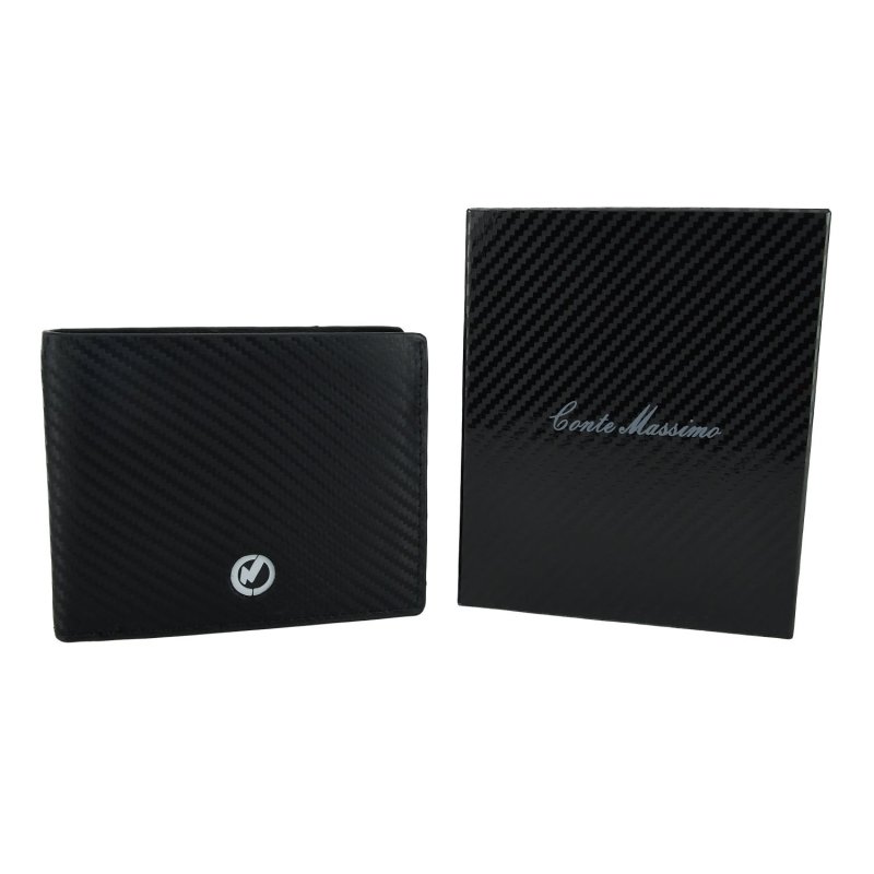 Conte Massimo Men's Genuine Leather Wallet RFID, Carbon Effect, with Gift Box art2 — logo detail