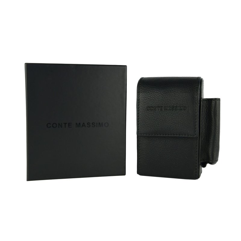 Conte Massimo Cigarette Case in Genuine Leather, With Lighter Holder, For Men and Women, Holds Pack and Lighter — logo detail