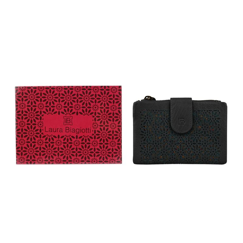 Laura Biagiotti Cartera Mujer En Piel Auténtica, Calada Con Motivo Geométrico Floral, Compacta, Con Caja — vista 16