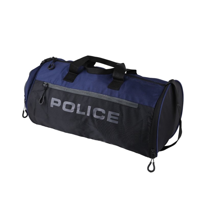 Police Men's and Women's Gym Duffle Bag, Sports Bag with Shoe Compartment, Black and Blue — logo detail