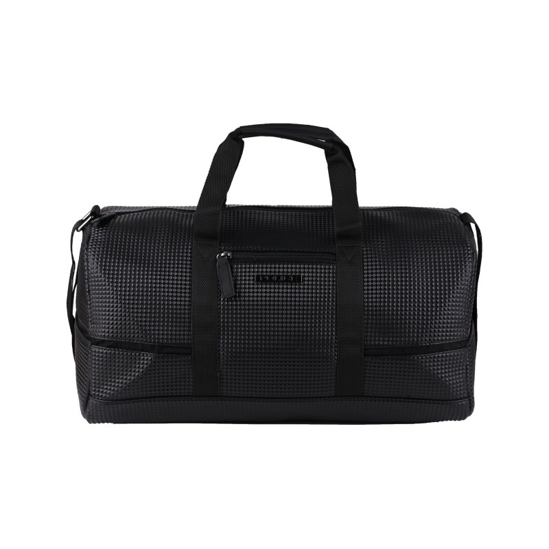 Police Travel Duffle Bag in Faux Leather for Men and Women, Work Bag, Gym, Weekend, Black — logo detail