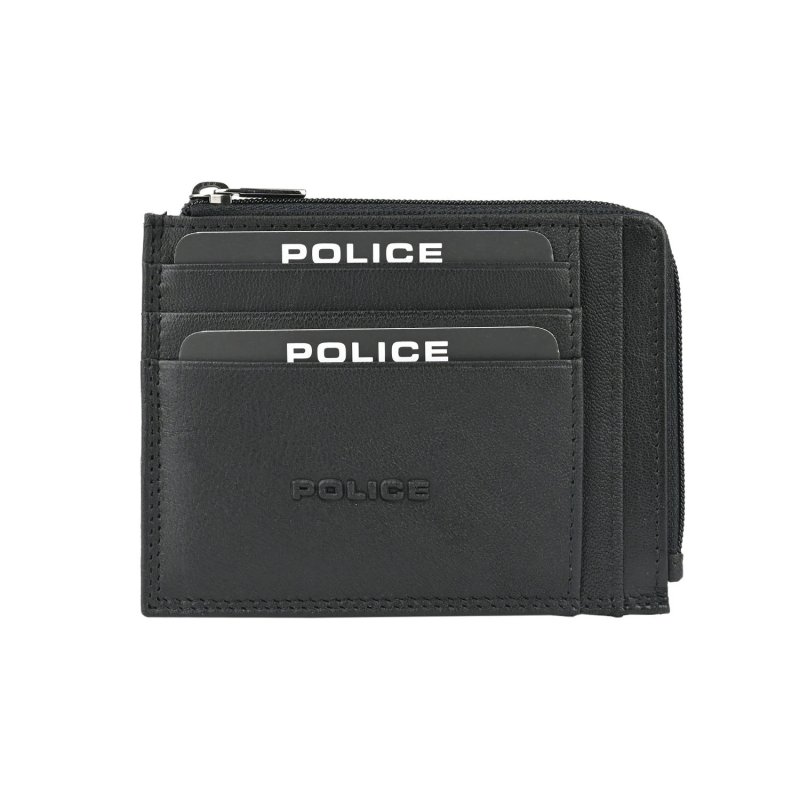 Cartera Police Porta Tarjetas de Crédito para Hombre en Piel Auténtica, Fina con Cremallera, Caja de Regalo
