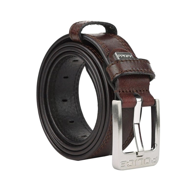 Cinturón Police para Hombre de Piel Genuina, Alto 4 cm, Hebilla Sin Níquel, Acortable, Con Costuras — detalle del logotipo