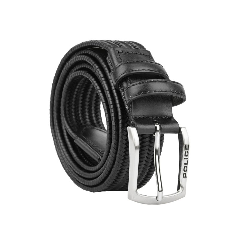 Police Men's Elastic Woven Belt in Genuine Leather, Comfortable and Can Be Shortened, 3.5 cm High
