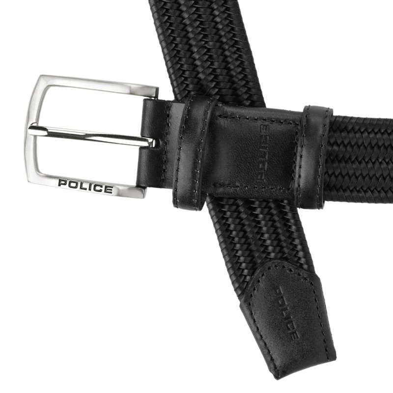 Police Cinturón Trenzado Elástico en Piel Auténtica para Hombre, Cómodo y Acortable, Alto 3,5 cm — detalle del logotipo