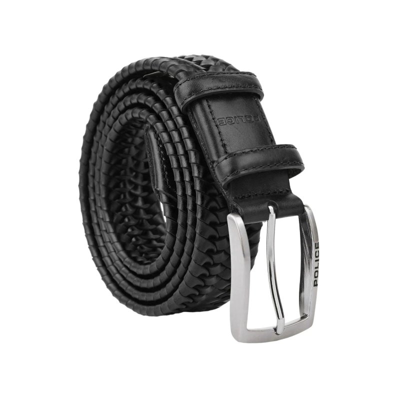 Police Men's Elastic Woven Belt in Genuine Leather, Comfortable and Can Be Shortened, 3.5 cm High — front view