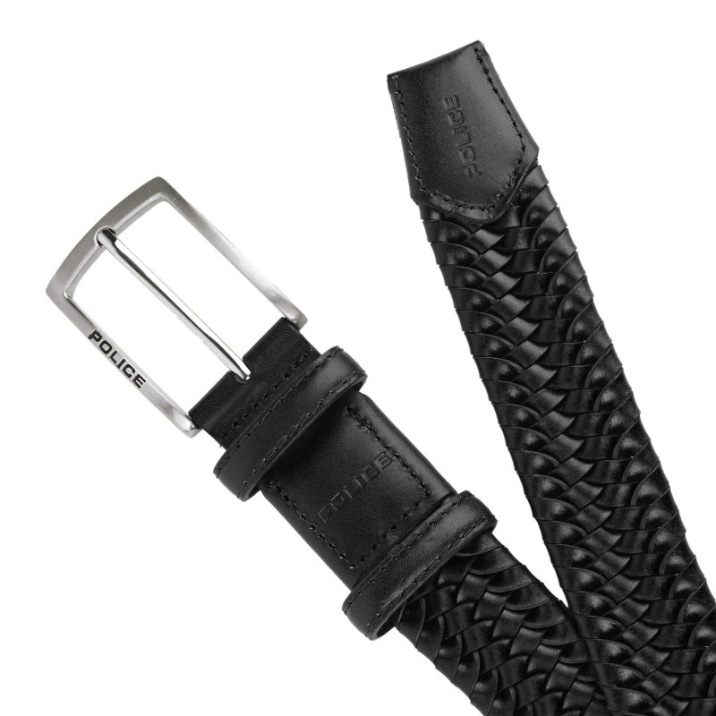 Police Men's Elastic Woven Belt in Genuine Leather, Comfortable and Can Be Shortened, 3.5 cm High — logo detail