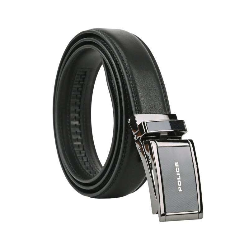 Police Men's Belt in Genuine Leather With Automatic Ratchet Buckle, No Holes, Can Be Shortened, 3.2 cm High