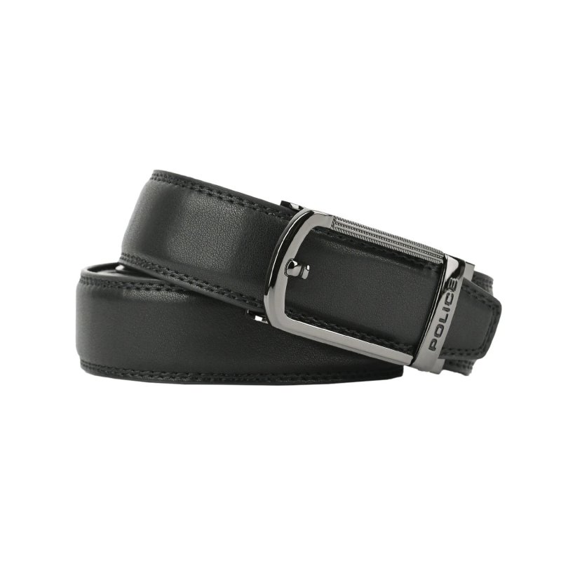 Police Men's Belt in Genuine Leather with Automatic Buckle, Shortenable, 3.2 cm High — front view