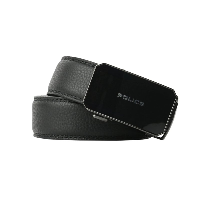 Police Men's Belt in Genuine Leather with Automatic Ratchet Buckle, No Holes, Shortenable, 3.5 cm High — logo detail