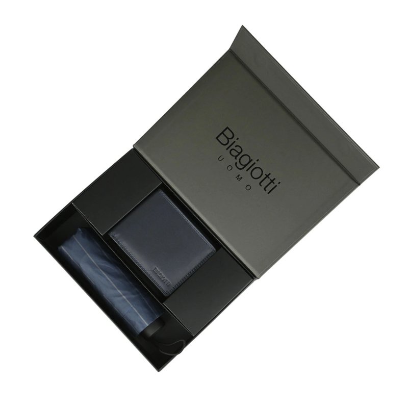 Biagiotti Geschenkbox für Herren, Herrenbrieftasche aus echtem Leder und faltbarer Super-Mini-Taschenschirm, elegantes Set