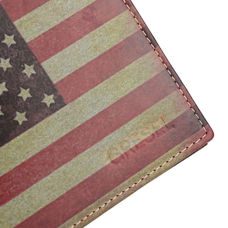 GRESEL Men's Genuine Leather Wallet, Aged American Flag, Cow Hunter, RFID, With Coin Pocket and Box — detail