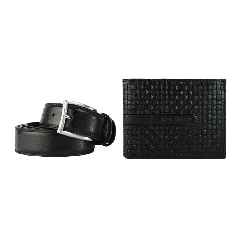 Laura Biagiotti Men's Gift Set, Genuine Leather Belt and Genuine Leather Wallet, Black — front view