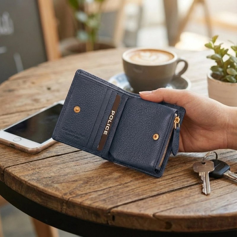 Police Damen-Geldbörse aus Echtem Leder Kompakt mit Knopf und Reißverschluss, Münzfach und Geschenkbox — Ansicht 53