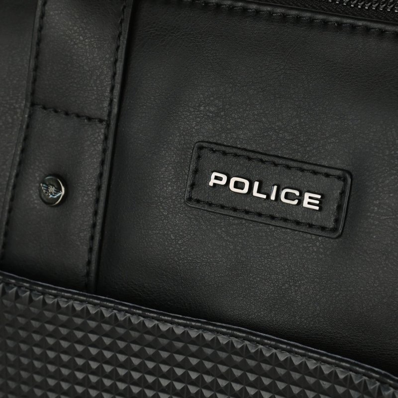 Police Men's Black Work Bag, PU, Laptop Messenger, Document Holder, Office, University, Business — logo detail