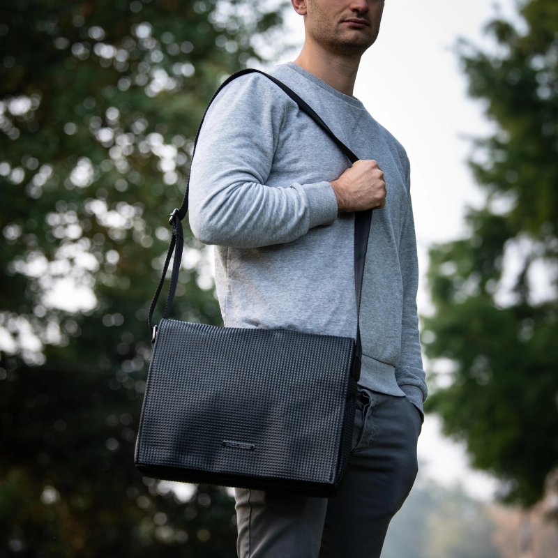 Police Men's Black Crossbody Bag, in PU, Messenger Bag with 3D Pyramid Texture, Elegant and Casual Shoulder Bag — back view