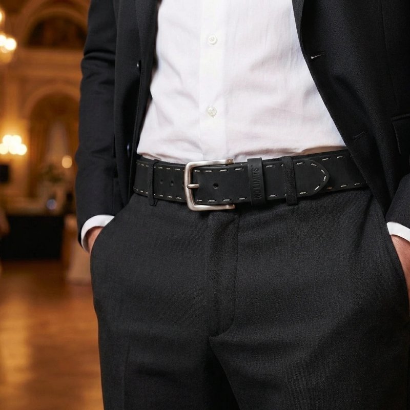 No Limits Herrengürtel aus echtem Leder, 4 cm hoch, kürzbar, mit Sattelstich-Naht, Schnalle nickelfrei — Detail