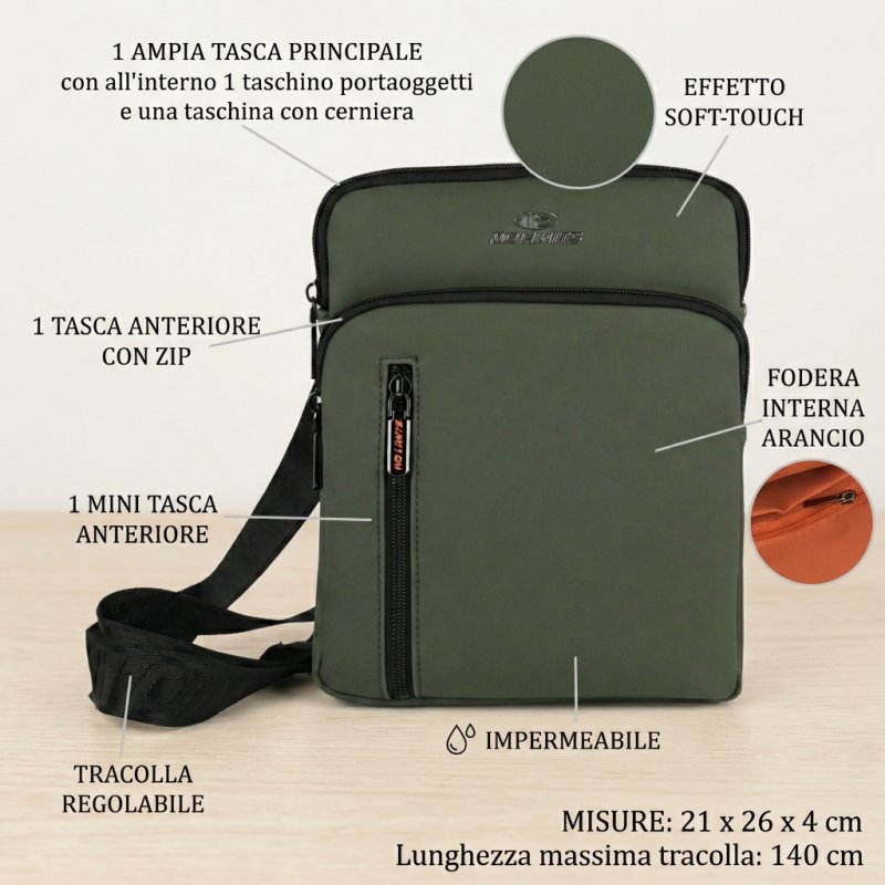 No Limits Herren-Umhängetasche, Wasserdicht, Soft-Touch, Orangefarbenes Futter, Multi-Tasche, Groß — Vorderansicht