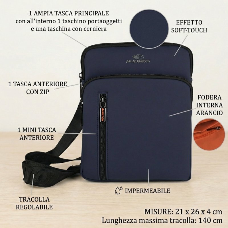 No Limits Herren-Umhängetasche, Wasserdicht, Soft-Touch, Orangefarbenes Futter, Multi-Tasche, Groß — Ansicht 8