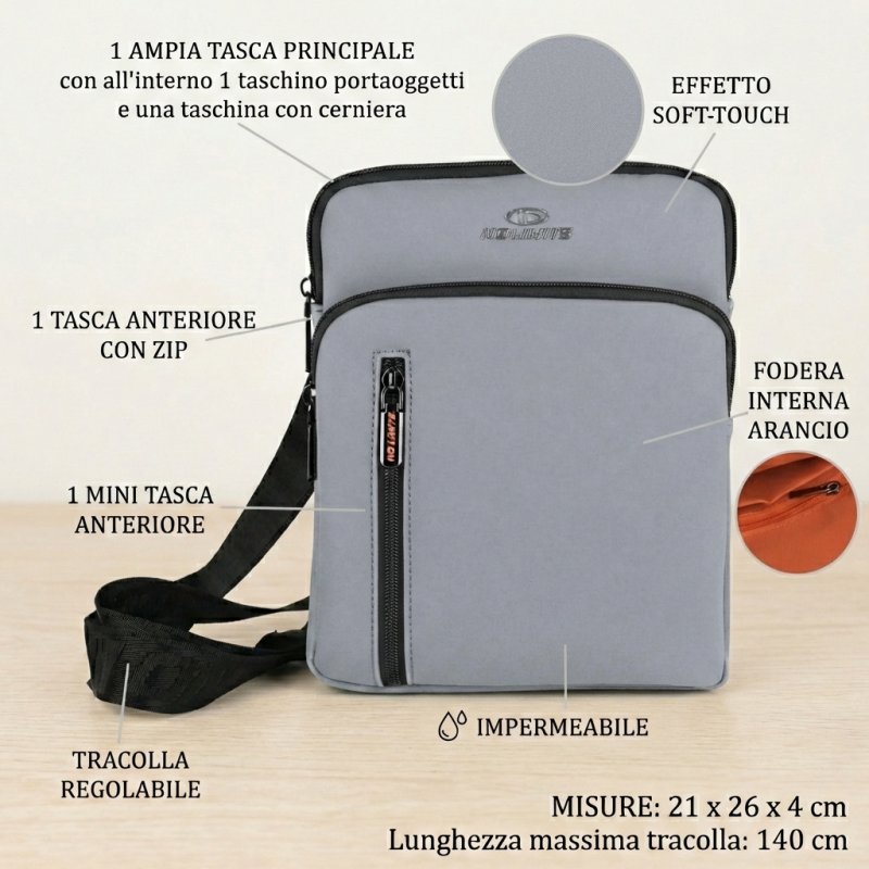 No Limits Herren-Umhängetasche, Wasserdicht, Soft-Touch, Orangefarbenes Futter, Multi-Tasche, Groß — Ansicht 14