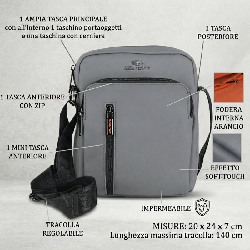 No Limits Herren-Umhängetasche, Wasserdicht, Soft-Touch, Orangefarbenes Futter, Multi-Tasche, Mittel — Vorderansicht