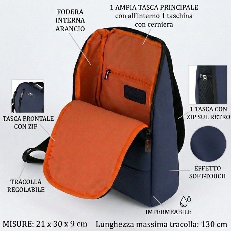 No Limits Sac à Dos Monobretelle Homme Imperméable, Bandoulière Réglable, Effet Soft-Touch et Doublure Orange — vue arrière
