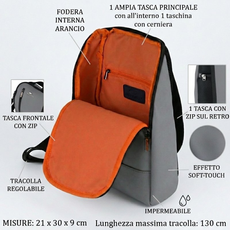 No Limits Herren Einschulter-Rucksack, Wasserdicht, Verstellbar, Soft-Touch, Orangefarbenes Futter — Ansicht 8