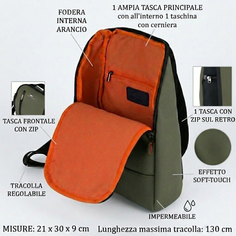 No Limits Sac à Dos Monobretelle Homme Imperméable, Bandoulière Réglable, Effet Soft-Touch et Doublure Orange — vue 13