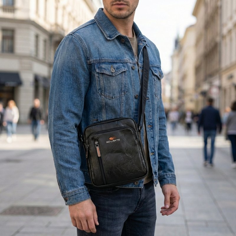 No Limits Men's Crossbody Bag, Adjustable Shoulder Strap, Waterproof, Orange Lining, Faux Leather, Small — back view