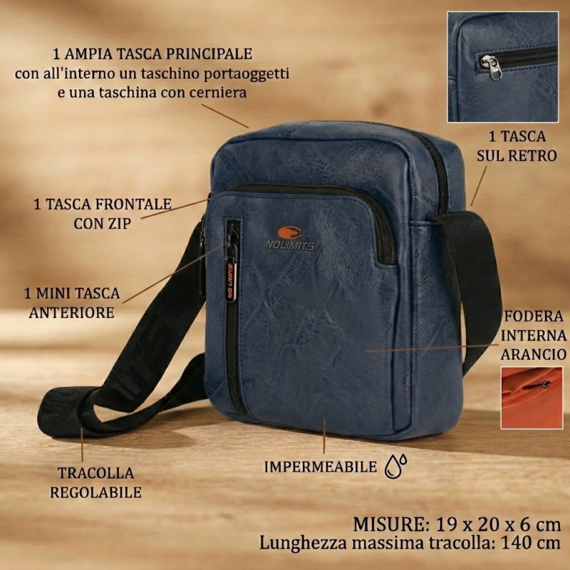 No Limits Men's Crossbody Bag, Adjustable Shoulder Strap, Waterproof, Orange Lining, Faux Leather, Small — view 12