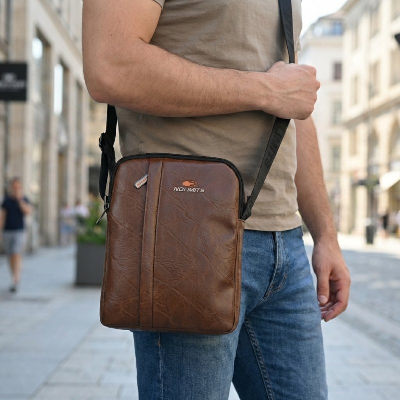 No Limits Men's Crossbody Bag, Adjustable Shoulder Strap, Waterproof, Orange Lining, Faux Leather, Large — view 8