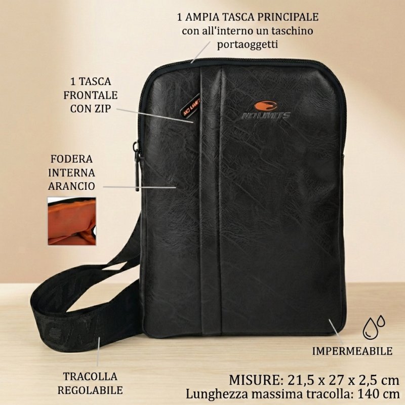 No Limits Men's Crossbody Bag, Adjustable Shoulder Strap, Waterproof, Orange Lining, Faux Leather, Large — view 15