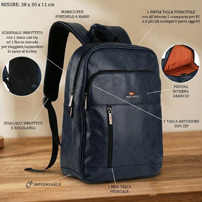 No Limits Laptop Backpack for Men and Women in Synthetic Leather, Waterproof with Orange Lining — view 8
