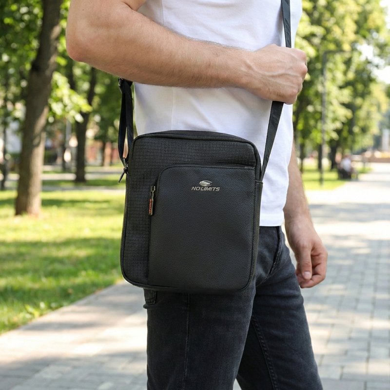 No Limits Men's Crossbody Bag, Adjustable Strap, Waterproof, Multiple Pockets, Orange Lining, Faux Leather, Medi… — back view