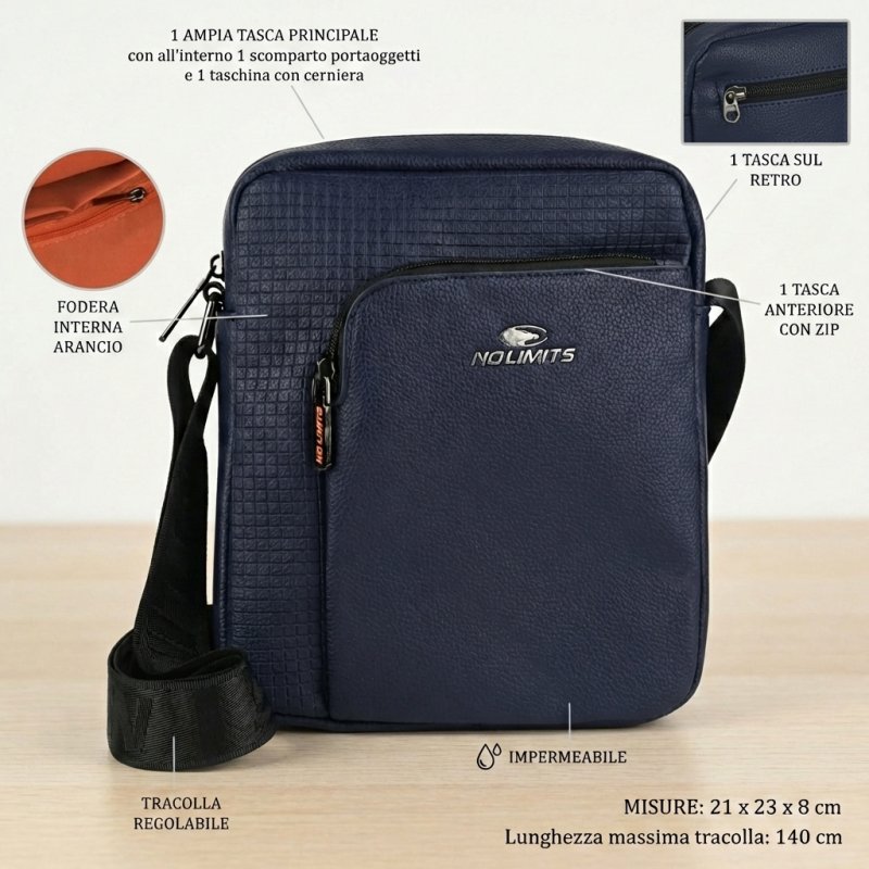 No Limits Men's Crossbody Bag, Adjustable Strap, Waterproof, Multiple Pockets, Orange Lining, Faux Leather, Medium — view 7