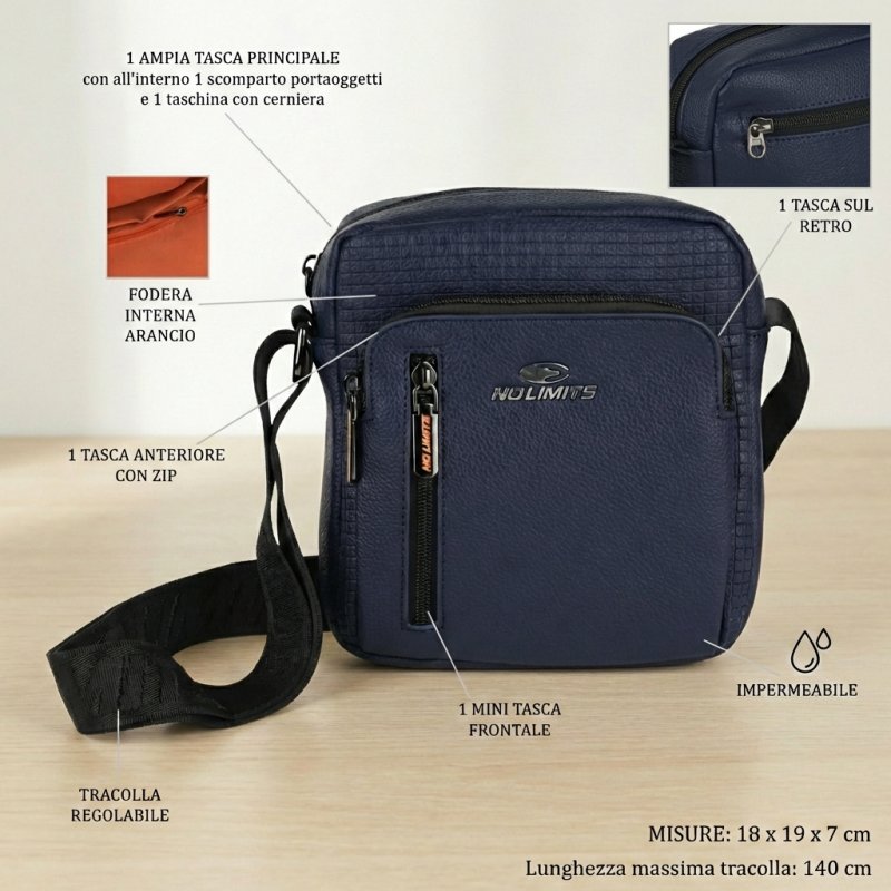 No Limits Herren-Umhängetasche, Verstellbar, Wasserdicht, Mehrere Taschen, Orangefarbenes Futter, Klein — Vorderansicht