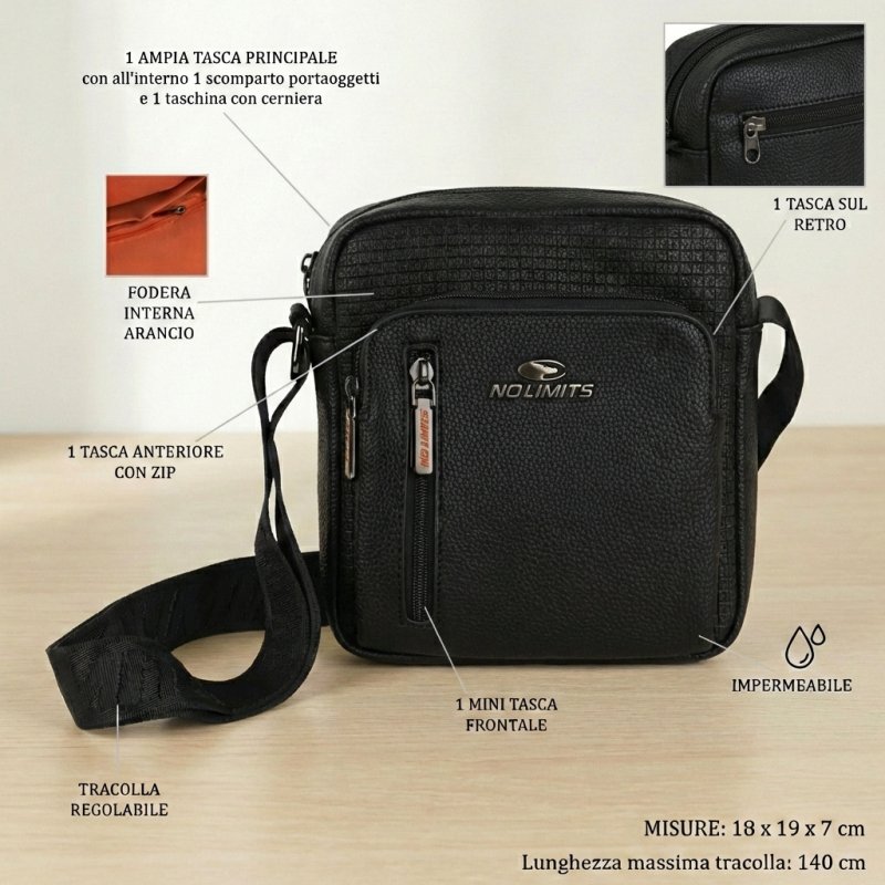 No Limits Men's Crossbody Bag, Adjustable Strap, Waterproof, Multiple Pockets, Orange Lining, Faux Leather, Small — view 7