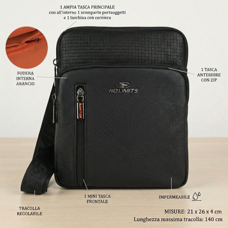 No Limits Sacoche Homme Réglable, Imperméable, Poches Multiples, Doublure Orange, Cuir Synthétique, Grande — vue de face