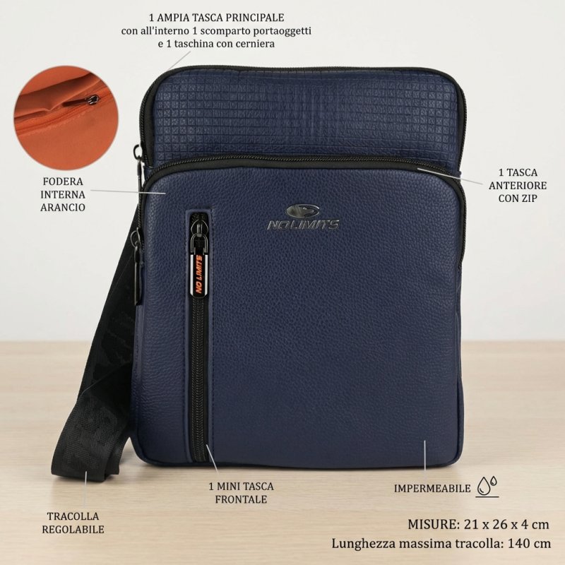 No Limits Men's Crossbody Bag, Adjustable Shoulder Strap, Waterproof, Multiple Pockets, Orange Lining, Faux Leather… — view 8