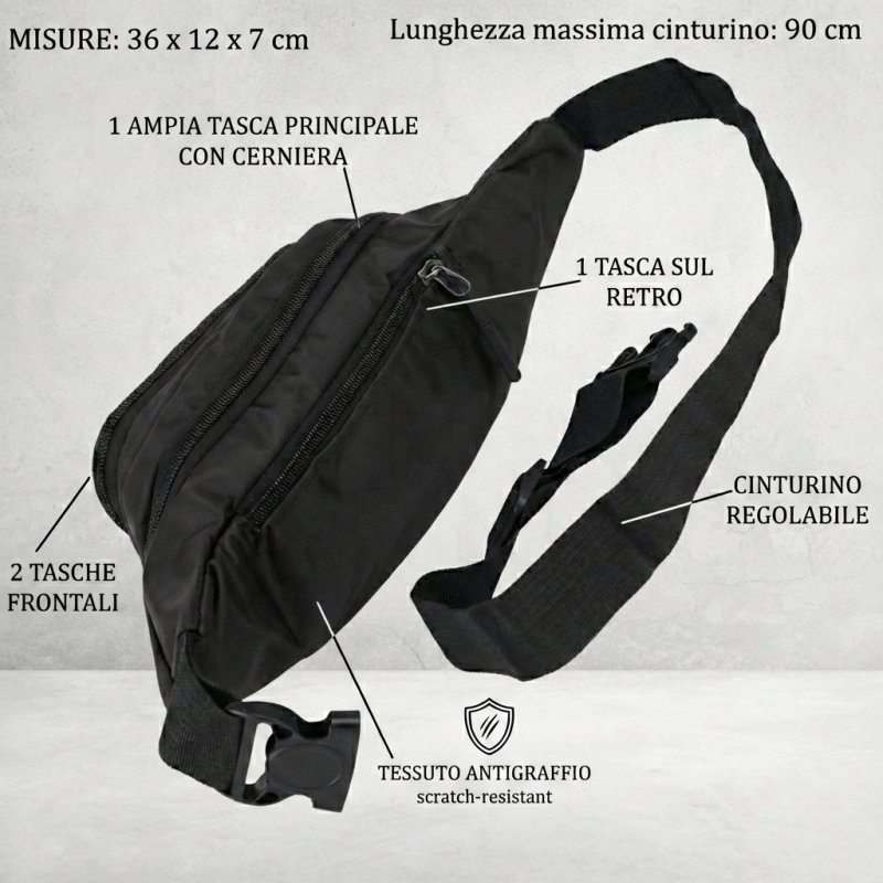 NO LIMITS Sports Belt Bag in Scratch-Resistant Fabric, 4 Zip Pockets, Adjustable 90cm Strap — front view