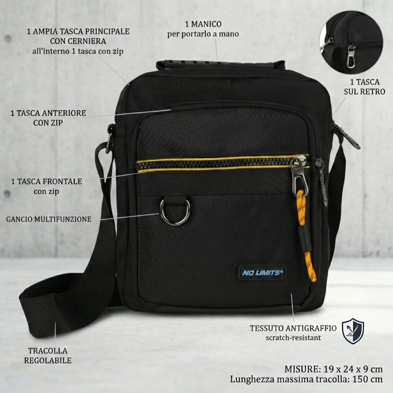 No Limits Herren-Umhängetasche, Verstellbar, Kratzfester Stoff, Sportlich, Multi-Tasche, Multifunktionshaken — Vorderansicht