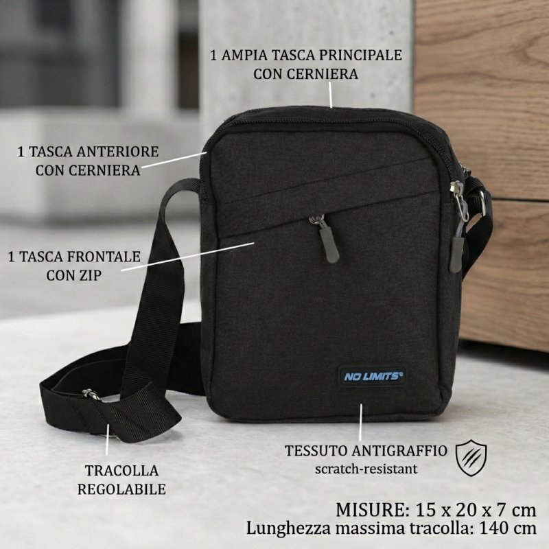 No Limits Men's Crossbody Bag with Adjustable Strap, Scratch-Resistant Fabric, Sporty Design, Multi-Pocket — front view