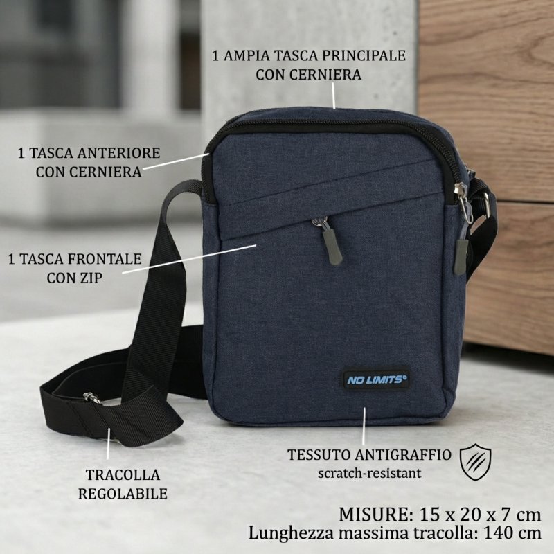 Sacoche Homme No Limits à Bandoulière Réglable, en Tissu Anti-rayures, Design Sportif, Multipoches — détail logo