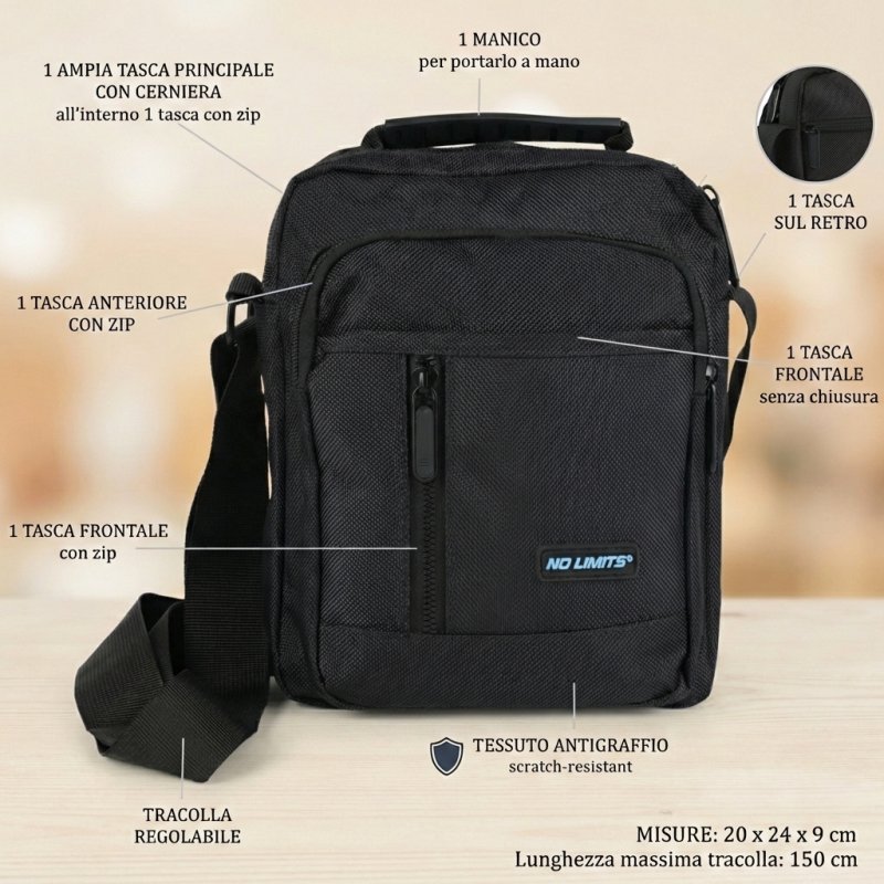 No Limits Men's Crossbody Bag with Adjustable Strap, Scratch-Resistant Fabric, Sporty Design, Multi-Pocket — front view