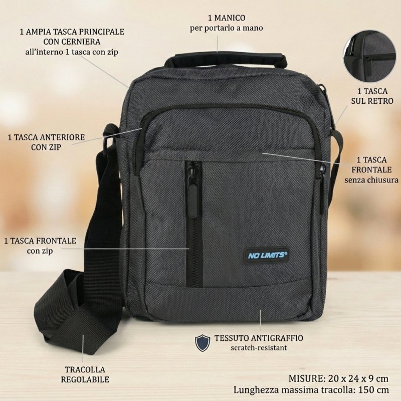 No Limits Men's Crossbody Bag with Adjustable Strap, Scratch-Resistant Fabric, Sporty Design, Multi-Pocket — view 12
