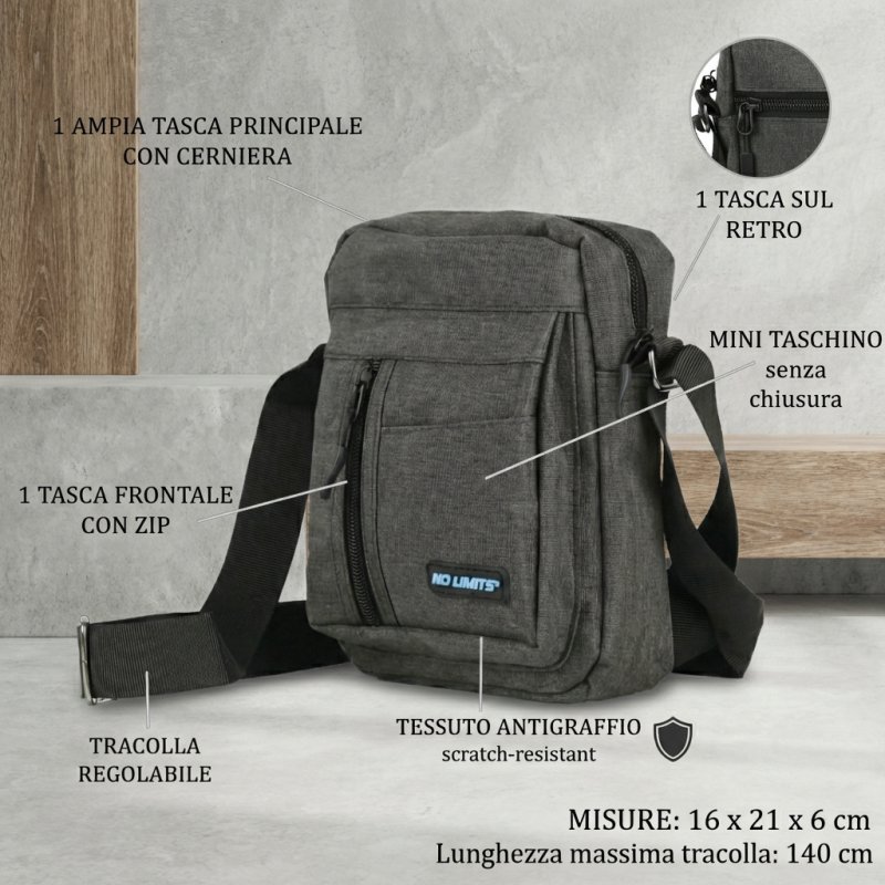 No Limits Men's Crossbody Bag with Adjustable Strap, Scratch-Resistant Fabric, Sporty Design, Multi-Pocket — front view