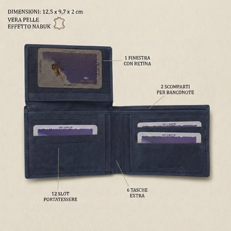 No Limits Men's Wallet in Genuine Leather, Nabuk Effect Ribbed Design, with Card Holder, With Box — back view