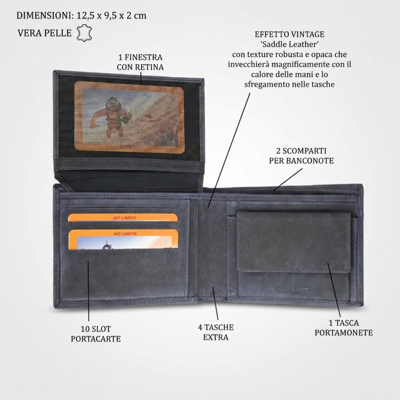 No Limits Cartera de Hombre En Piel Auténtica Efecto Envejecido Estilo Vintage, Con Monedero, con Caja — vista trasera