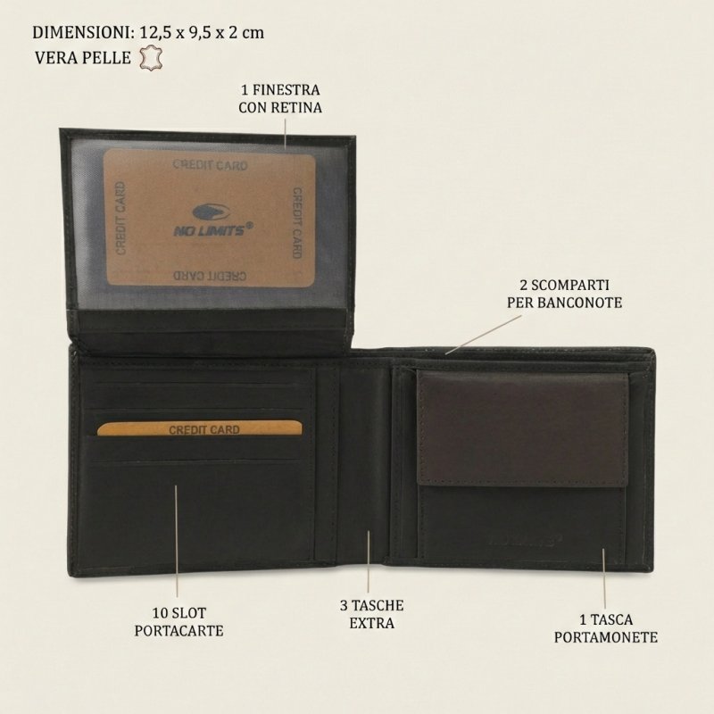 No Limits Herren-Geldbörse aus Echtleder, Elegantes Bifold, Schlankes Zweifarbiges Design, mit Box — Rückansicht